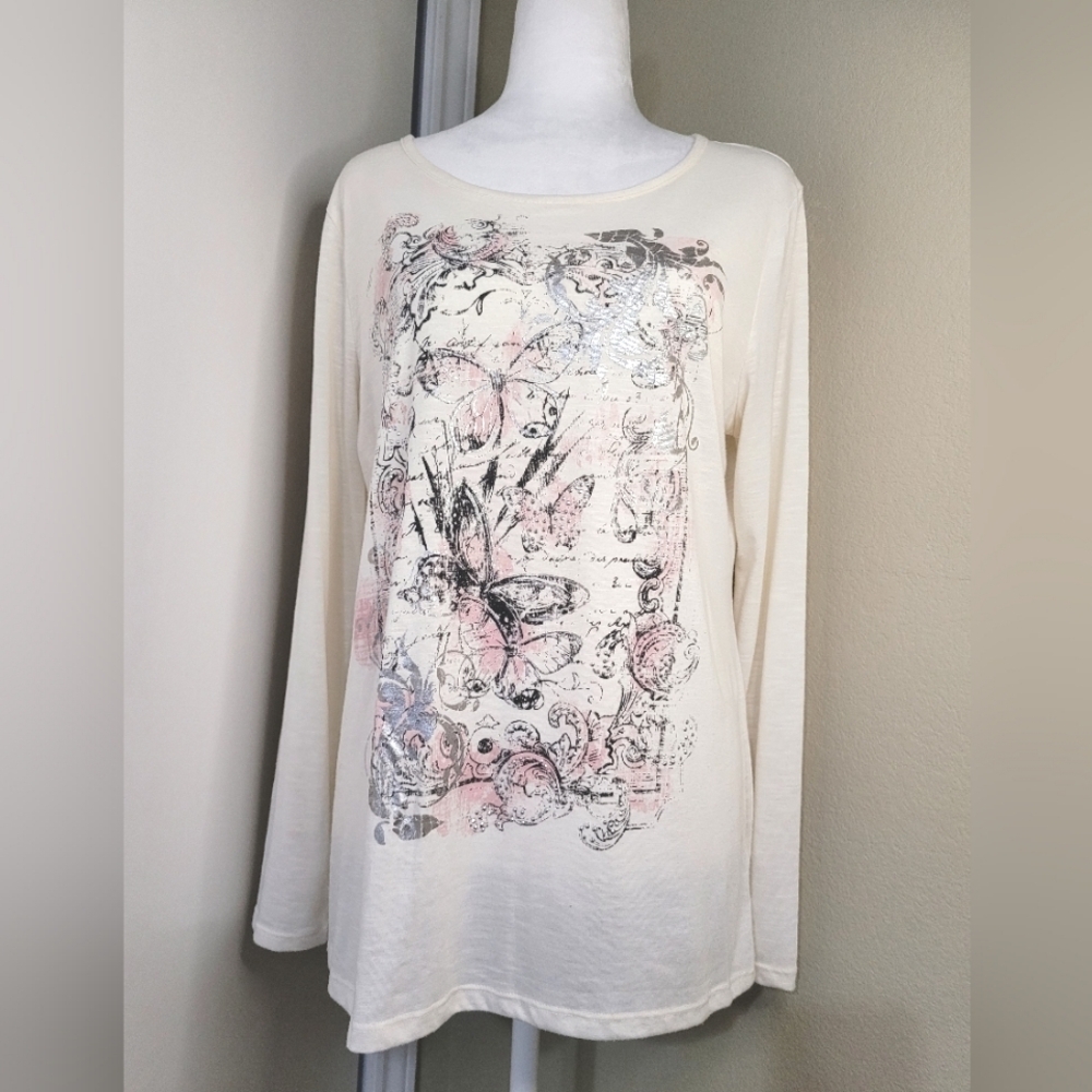 Cato Ivory Long Sleeve Butterfly Bow Back Shirt, Size Large.